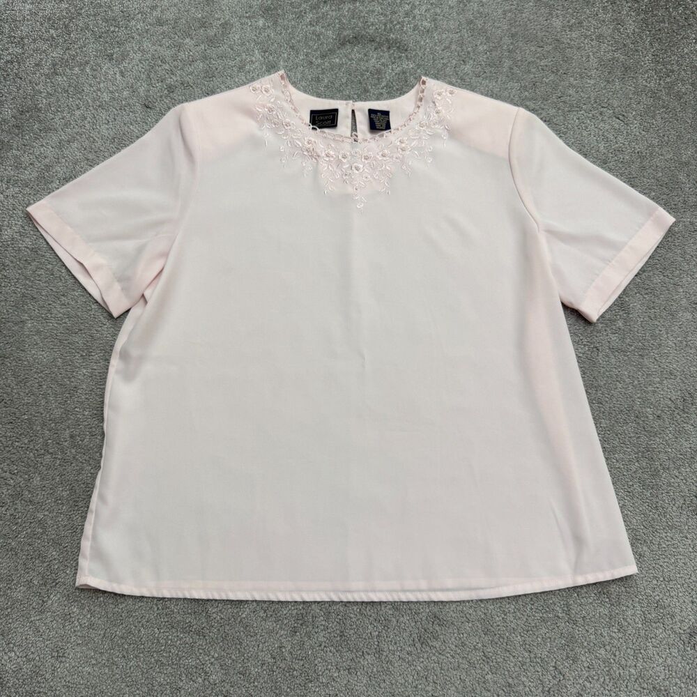 Vintage Laura Scott Embroidered Beaded Shoulder Padded Blouse Womens XL Pink Top